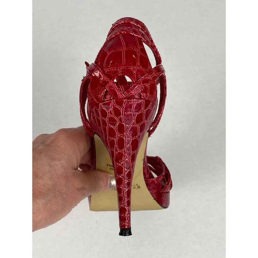 White House Black Market Red Croc Embossed T-Strap Platform Heels Womens 7M